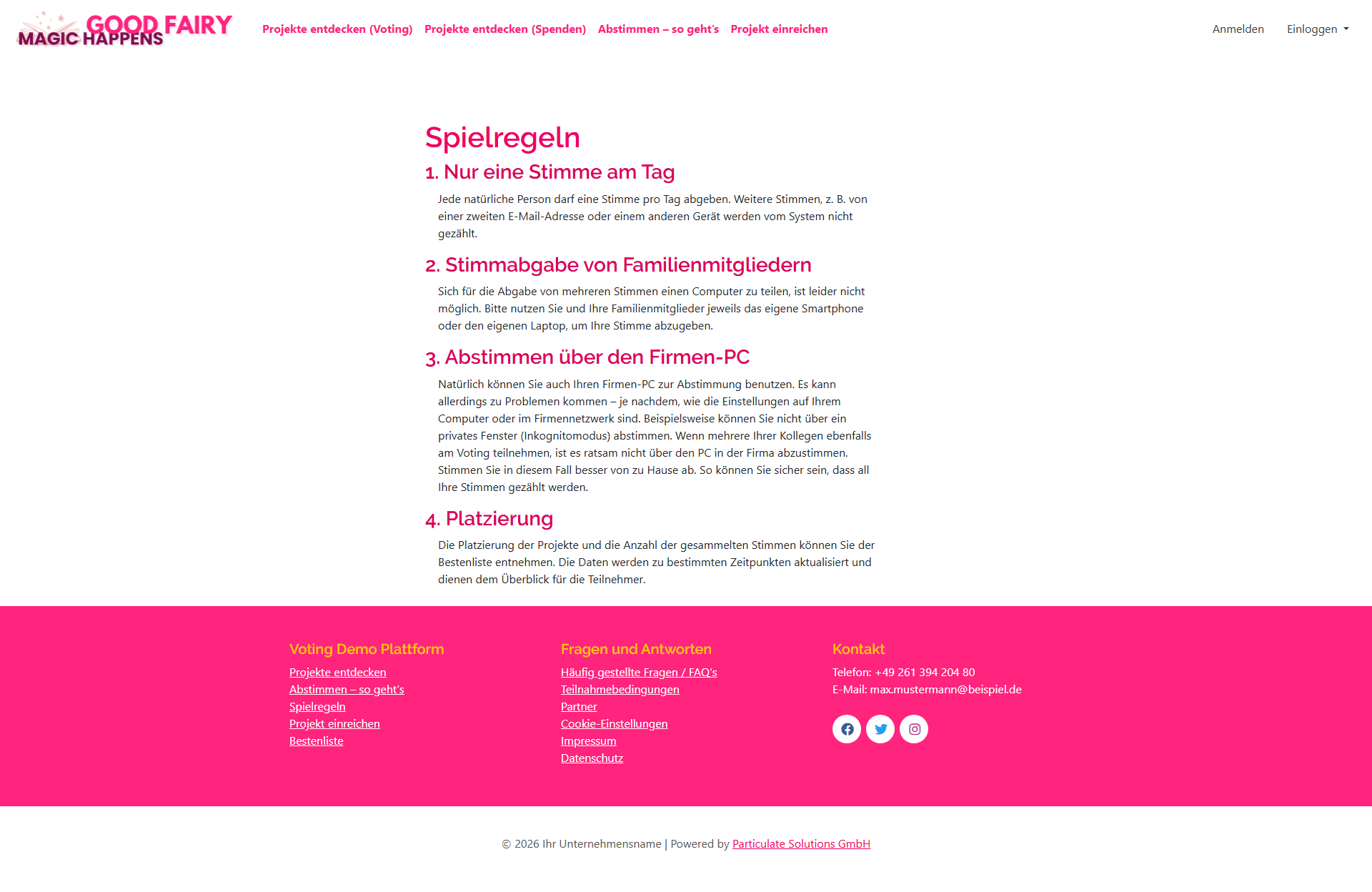 Spielregeln-Seite mit den wichtigsten Regeln für Teilnehmer.