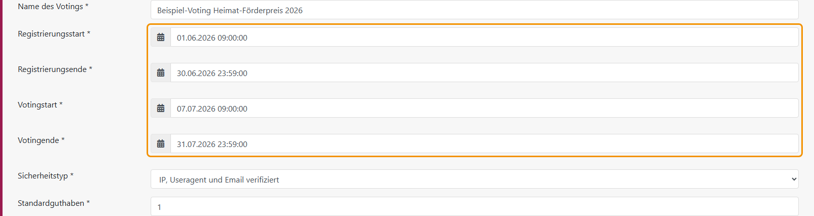 Die vier Datumsfelder für Registrierungs- und Voting-Zeitraum.
