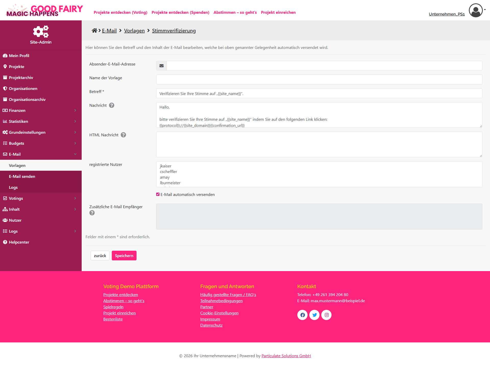 Bearbeitungs-Ansicht einer E-Mail-Vorlage mit Betreff, Text und Platzhaltern.