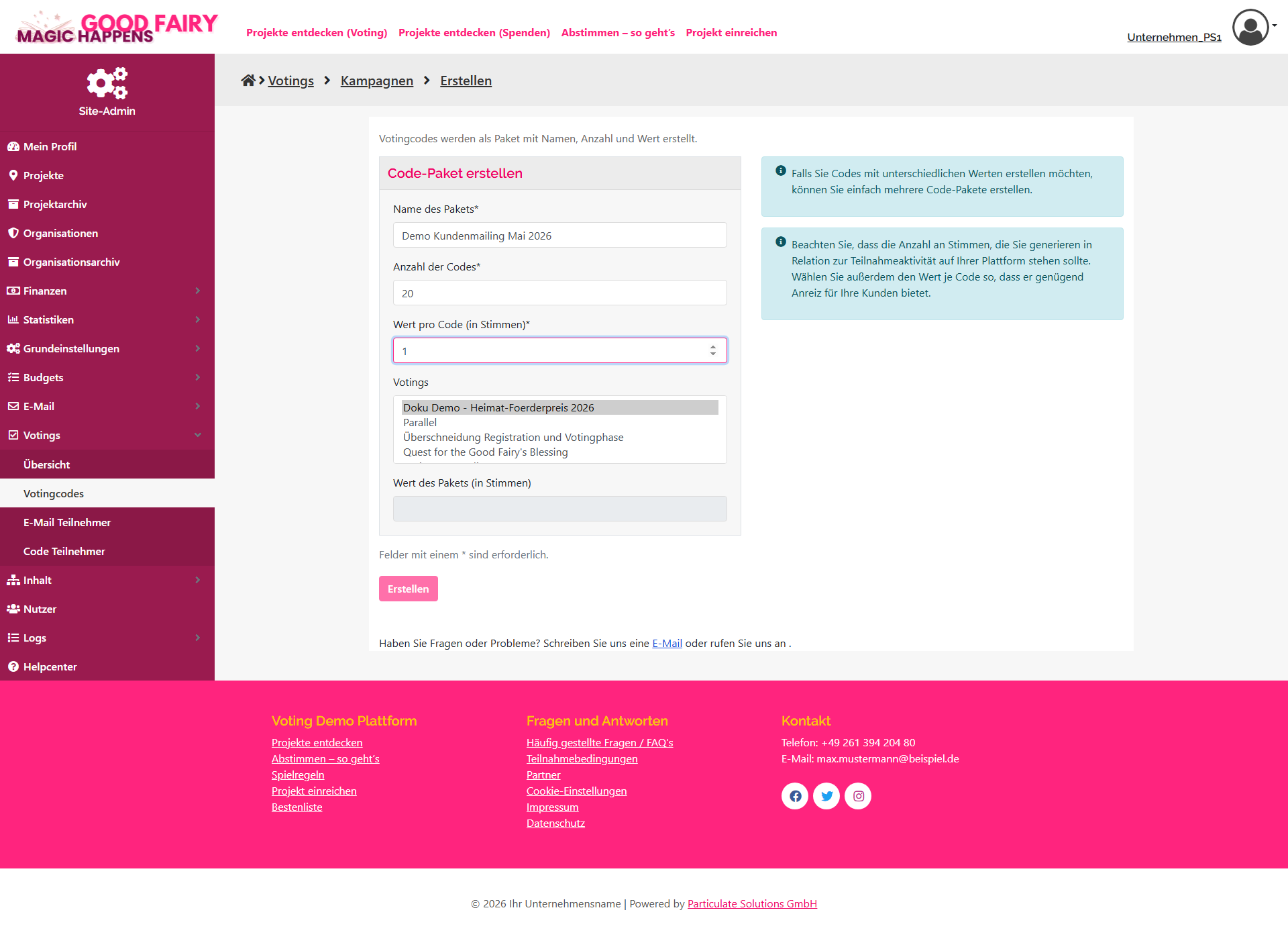 Ausgefülltes Code-Paket-Formular mit Wert des Pakets, der automatisch berechnet wird.