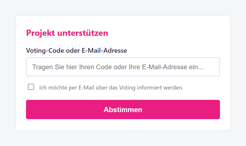 Gemeinsames Eingabefeld, wenn auf Ihrer Plattform beide Modi aktiv sind. Das System erkennt automatisch, ob die Eingabe ein Code oder eine E-Mail-Adresse ist.