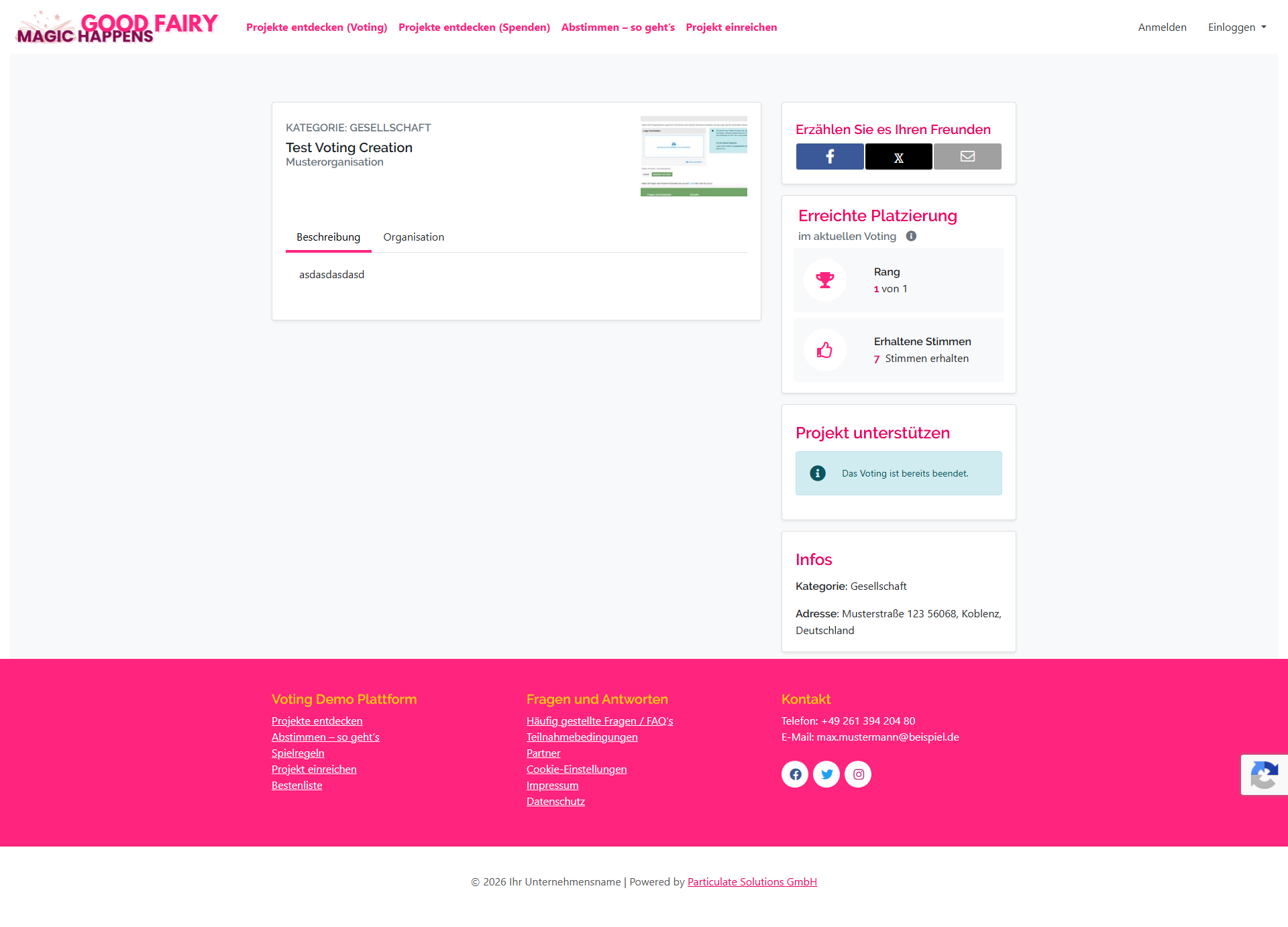Detail-Ansicht eines Projekts mit Beschreibung, Platzierung und Unterstützungsbereich.