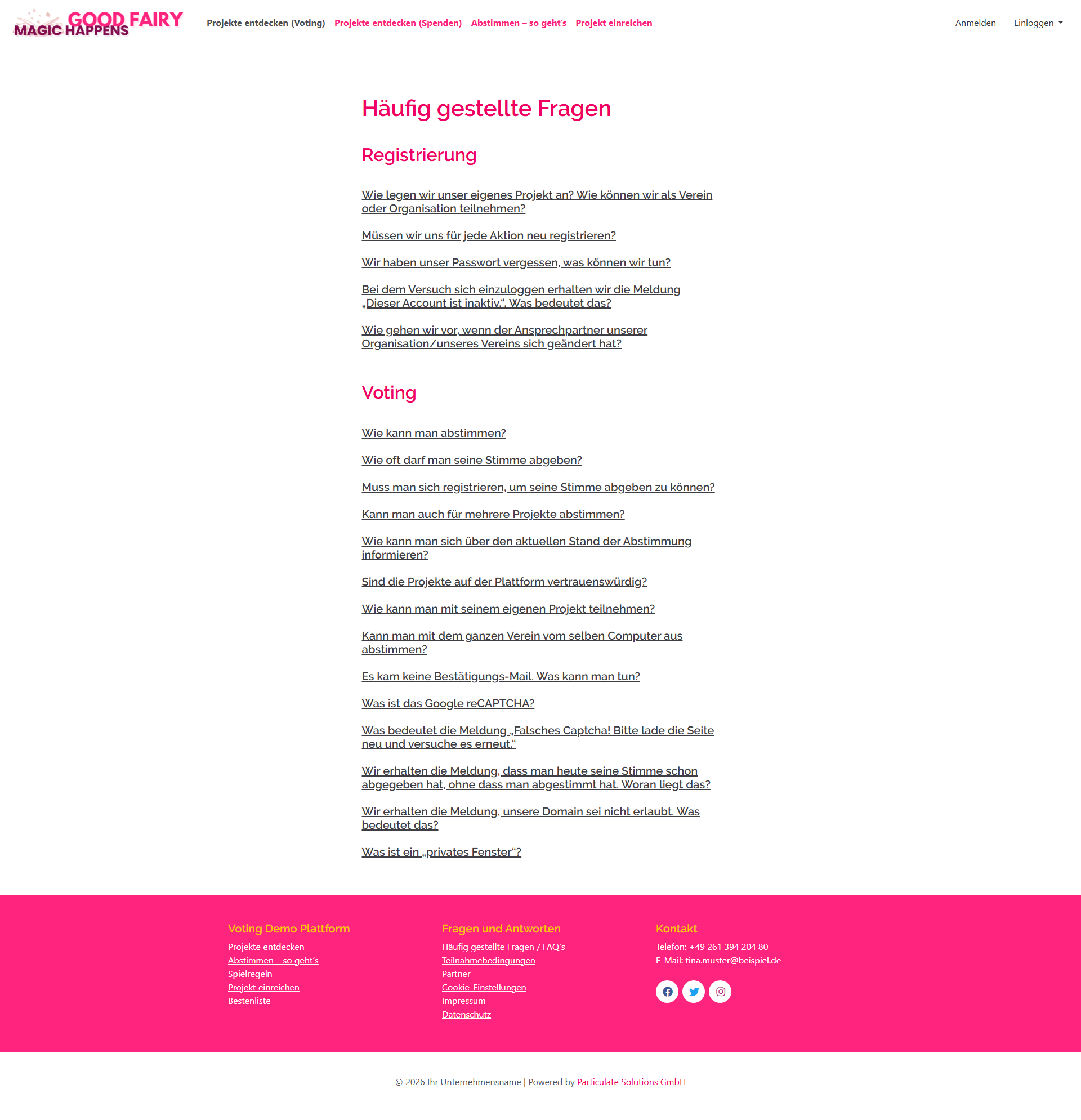 FAQ-Seite mit Antworten auf häufige Teilnehmer-Fragen.